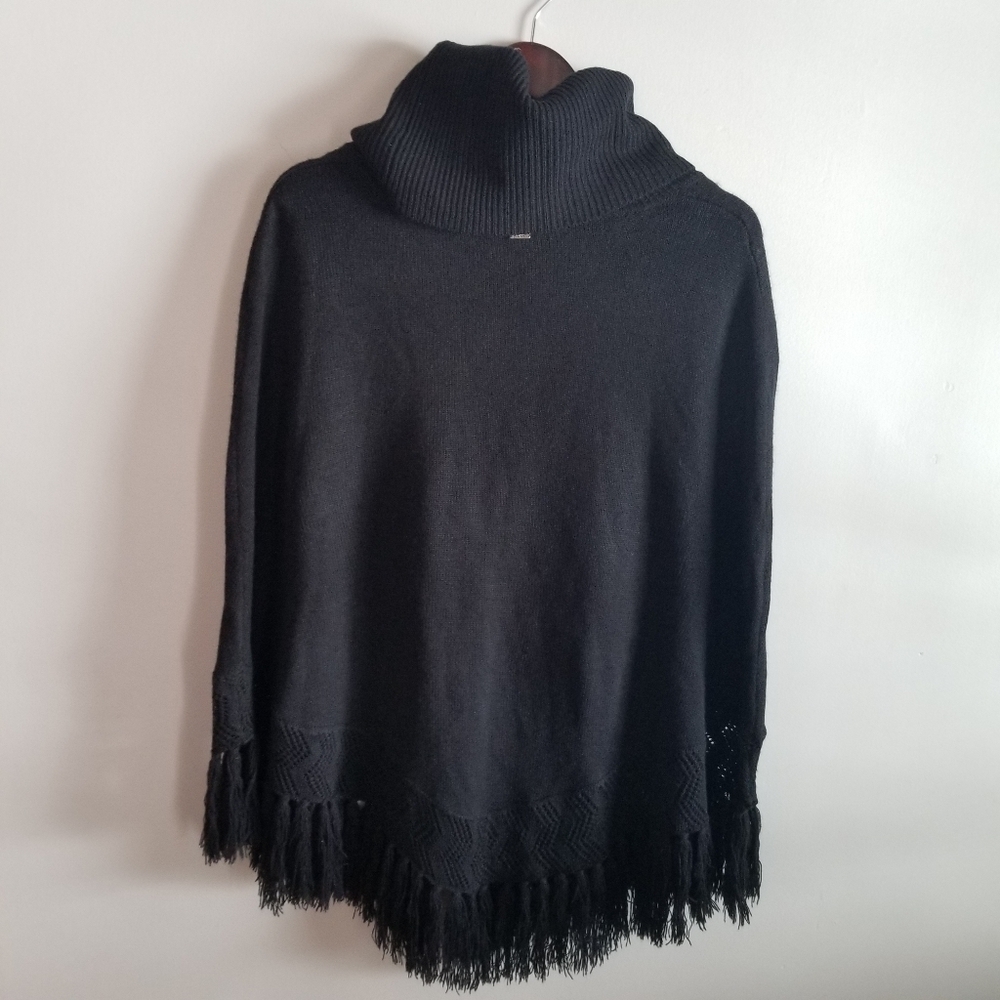 Groggy Black Fringed Knitted Poncho Cowl Neck Sweater Size Small - Picture 2 of 16